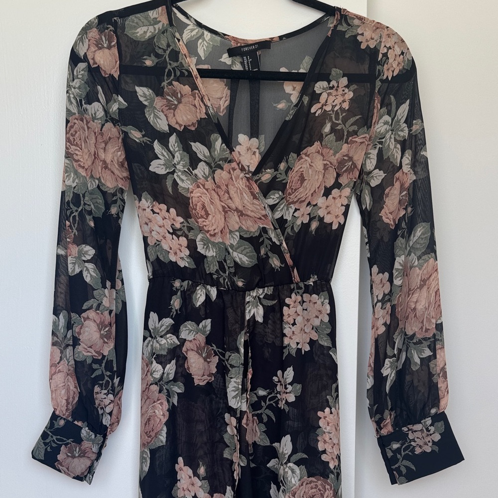 Forever 21 Floral Long Sleeve Dress - Black and Pink